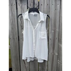 Vanity White Sleeveless Sequin‎ Collar High Low Sheer Button Down Blouse Size M
